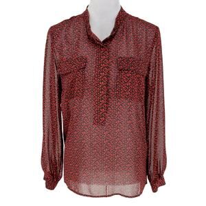 Talbots Top Petites 10P Red Black Print Sheer Blouse Pockets Mandarin Collar